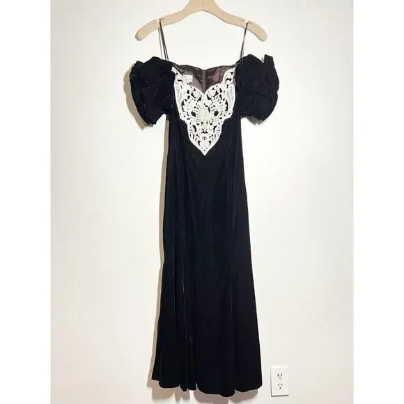 Jessica McClintock | Dresses | Vtg Jessica Mcclintock Black Velvet Lace  Pearl Off Shoulder Event Formal Dress 4 | Poshmark
